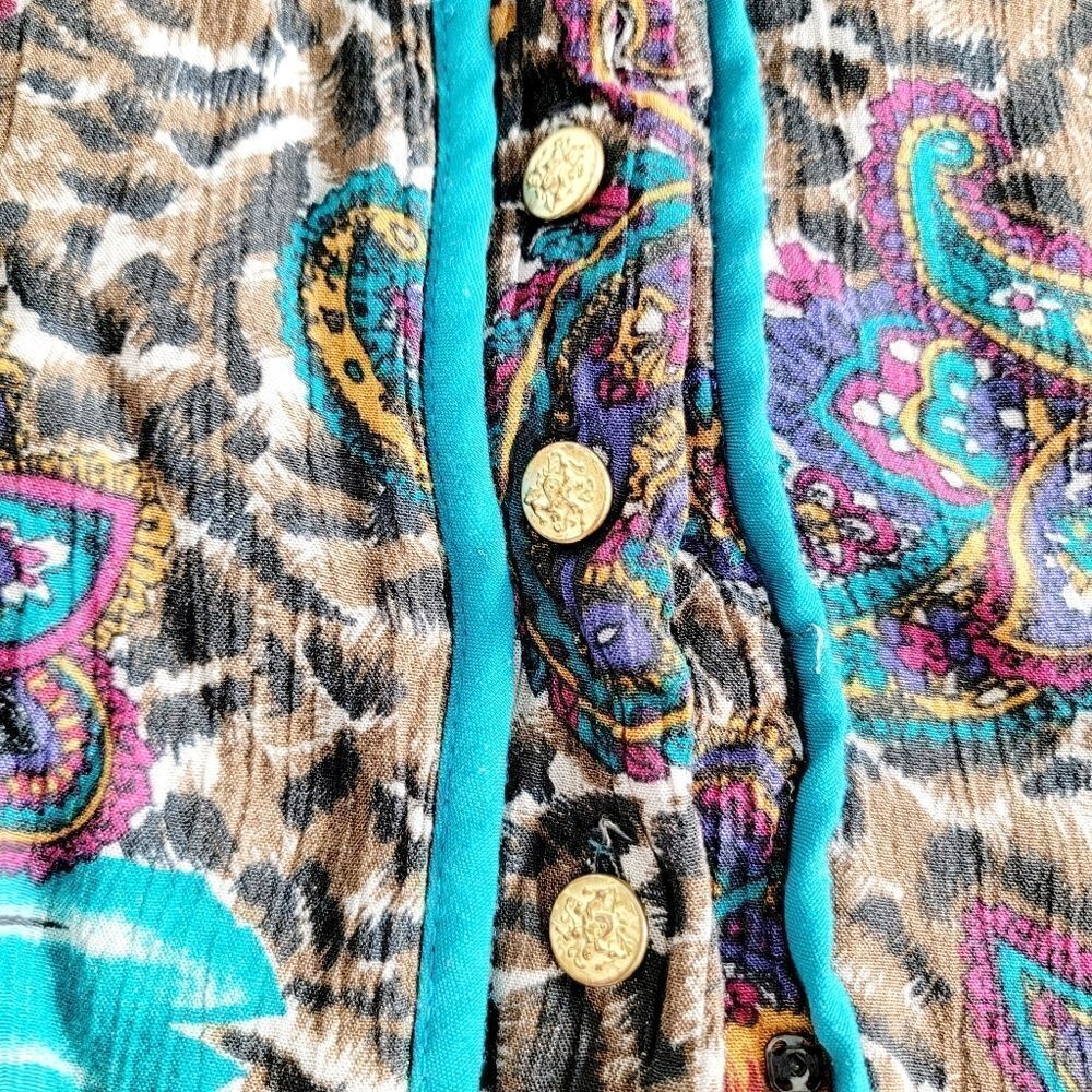 Vintage 1970s blouse button paisley floral leopard print 6 8 - Picture 4 of 11